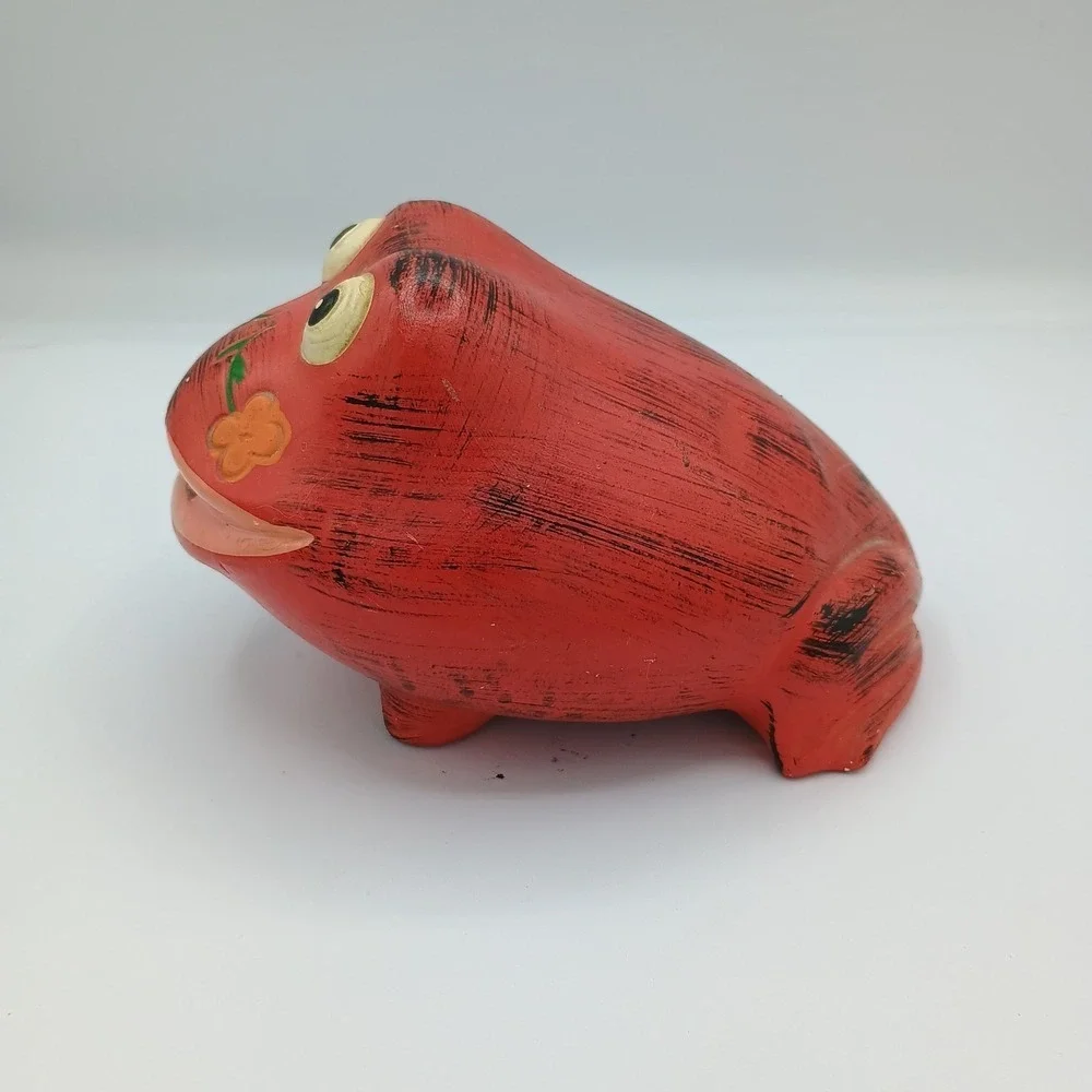Vintage Painted Red Frog Coin Bank Resin